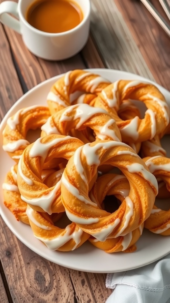 A plate of glazed French crullers on a wooden table with a cup of coffee.